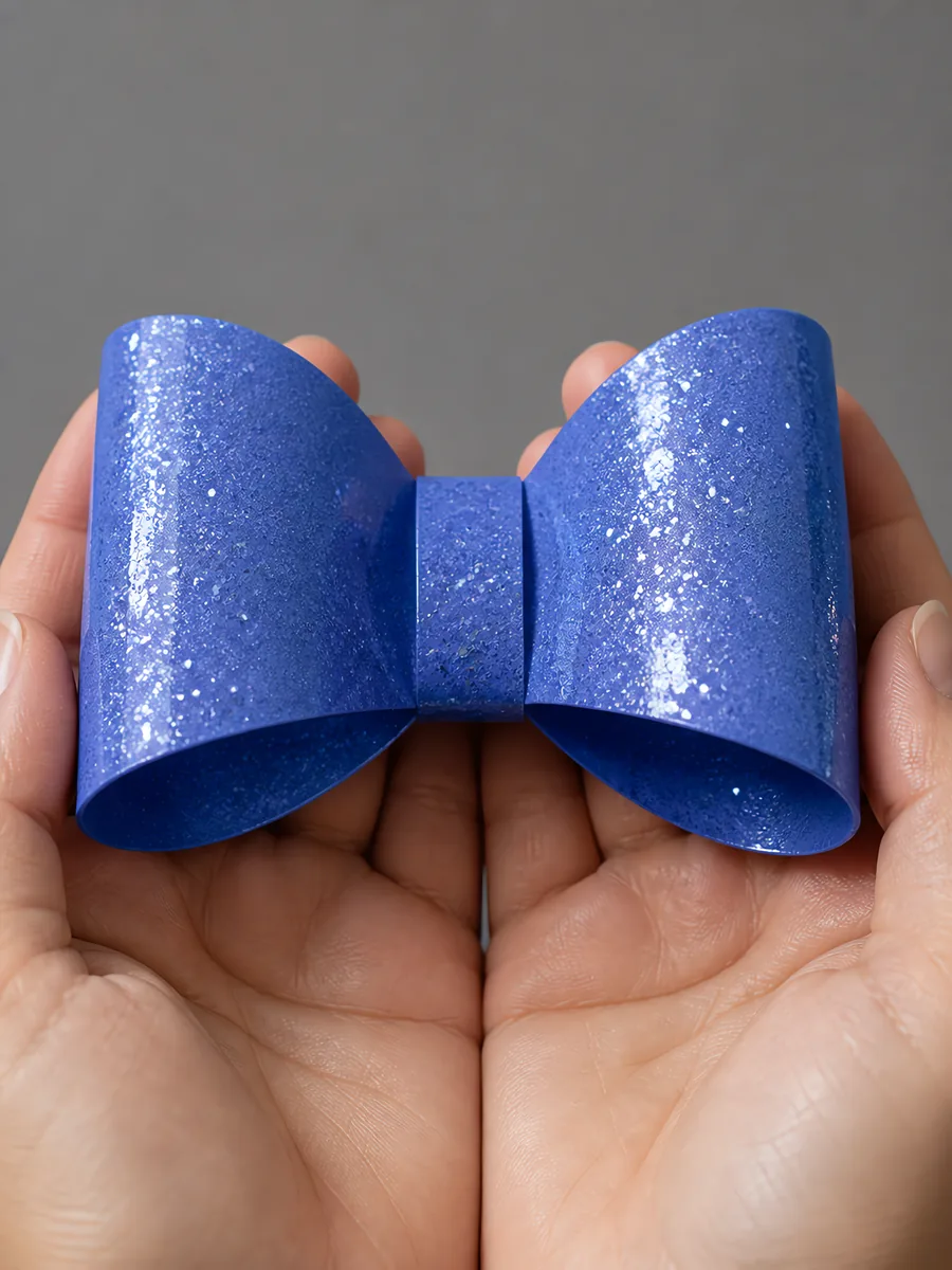 Manos sosteniendo un moño de papel azul con glitter