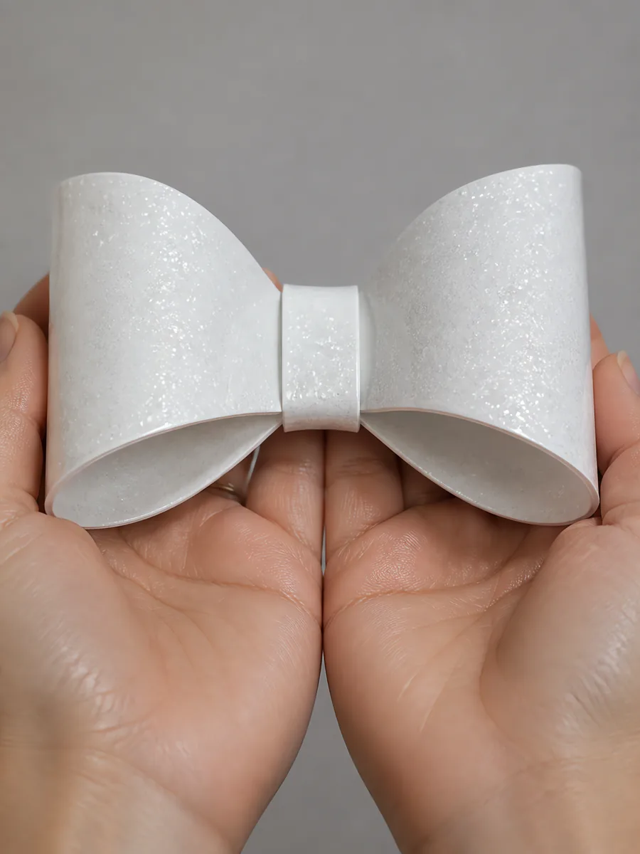 Manos sosteniendo un moño de papel blanco con glitter