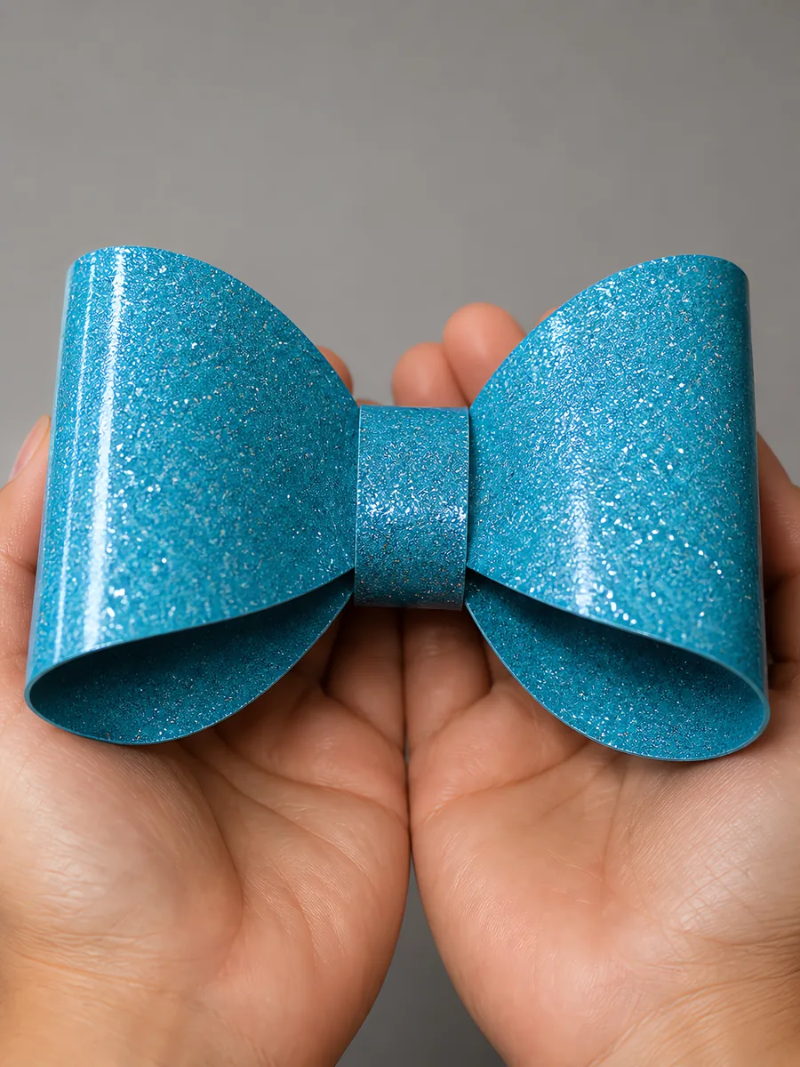 Manos sosteniendo un moño de papel celeste agua con glitter
