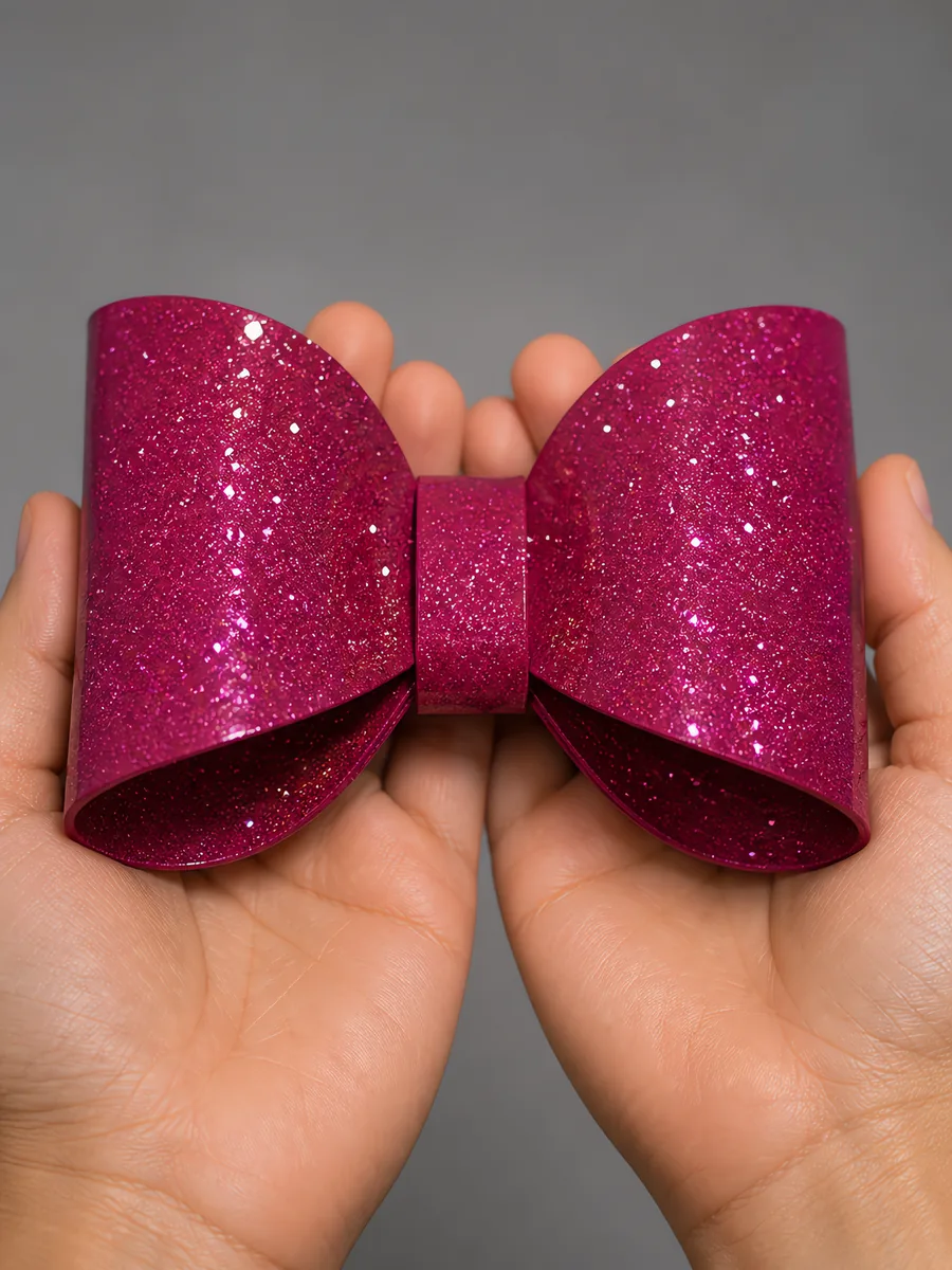Manos sosteniendo un moño de papel fucsia con glitter
