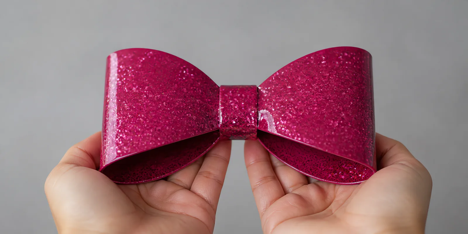 Manos sosteniendo un moño de papel fucsia con glitter