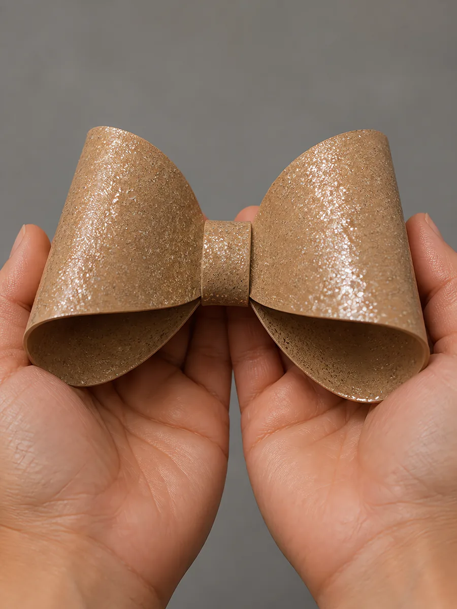 Manos sosteniendo un moño de papel oro beige con glitter