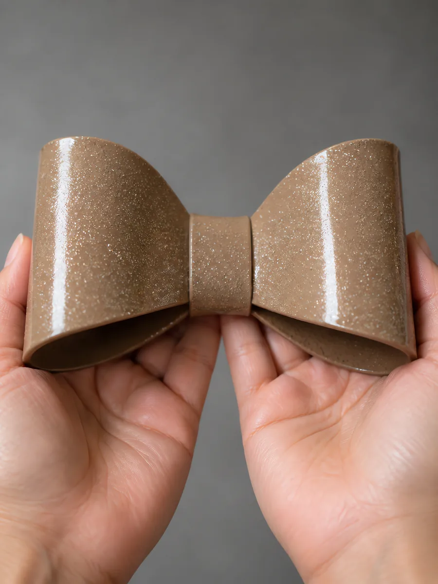 Manos sosteniendo un moño de papel oro champagne con glitter