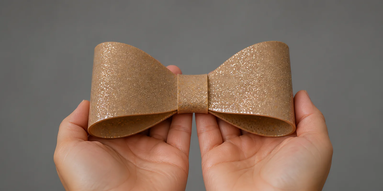 Manos sosteniendo un moño de papel oro champagne con glitter