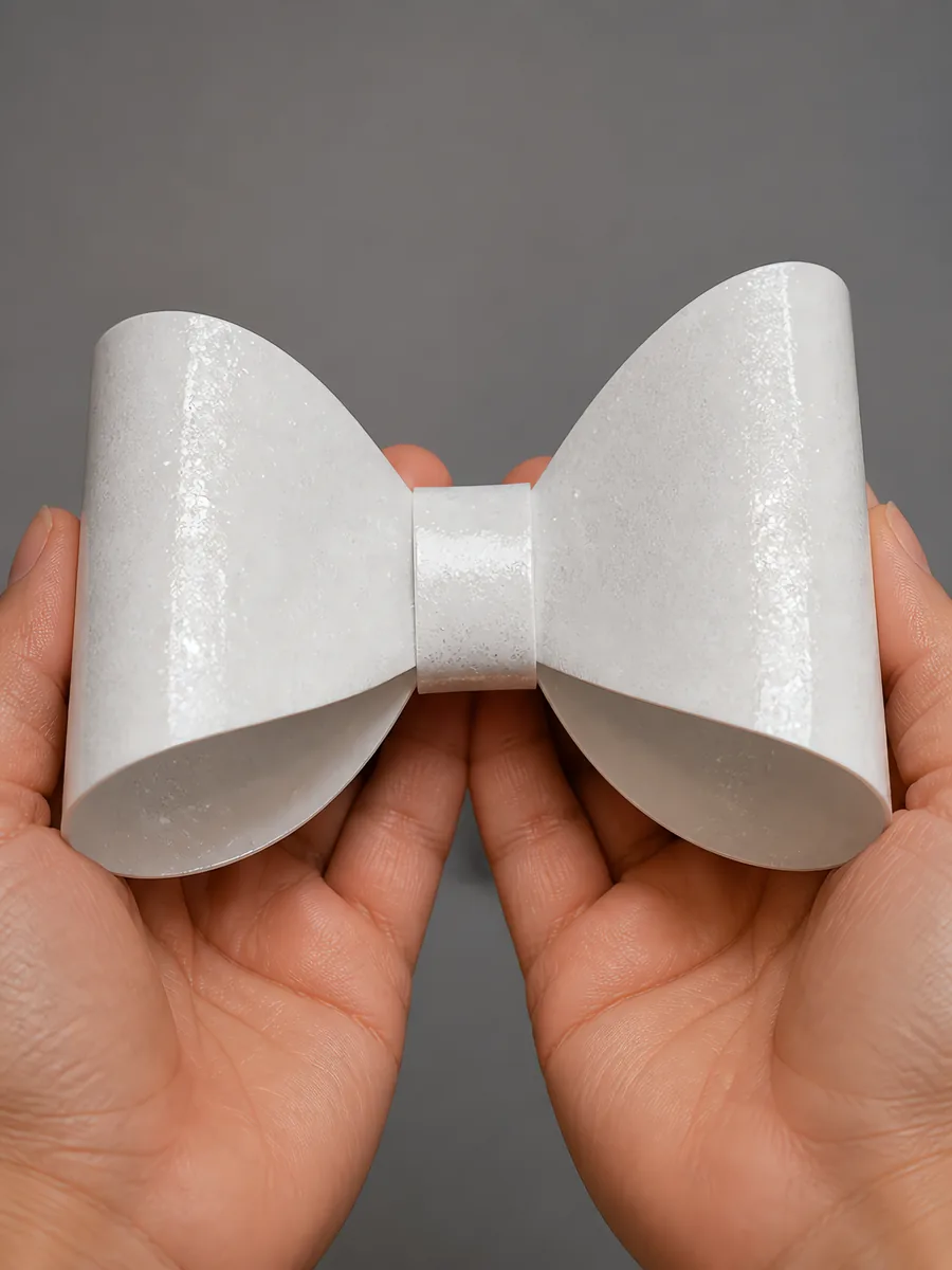 Manos sosteniendo un moño de papel plata espejo con glitter