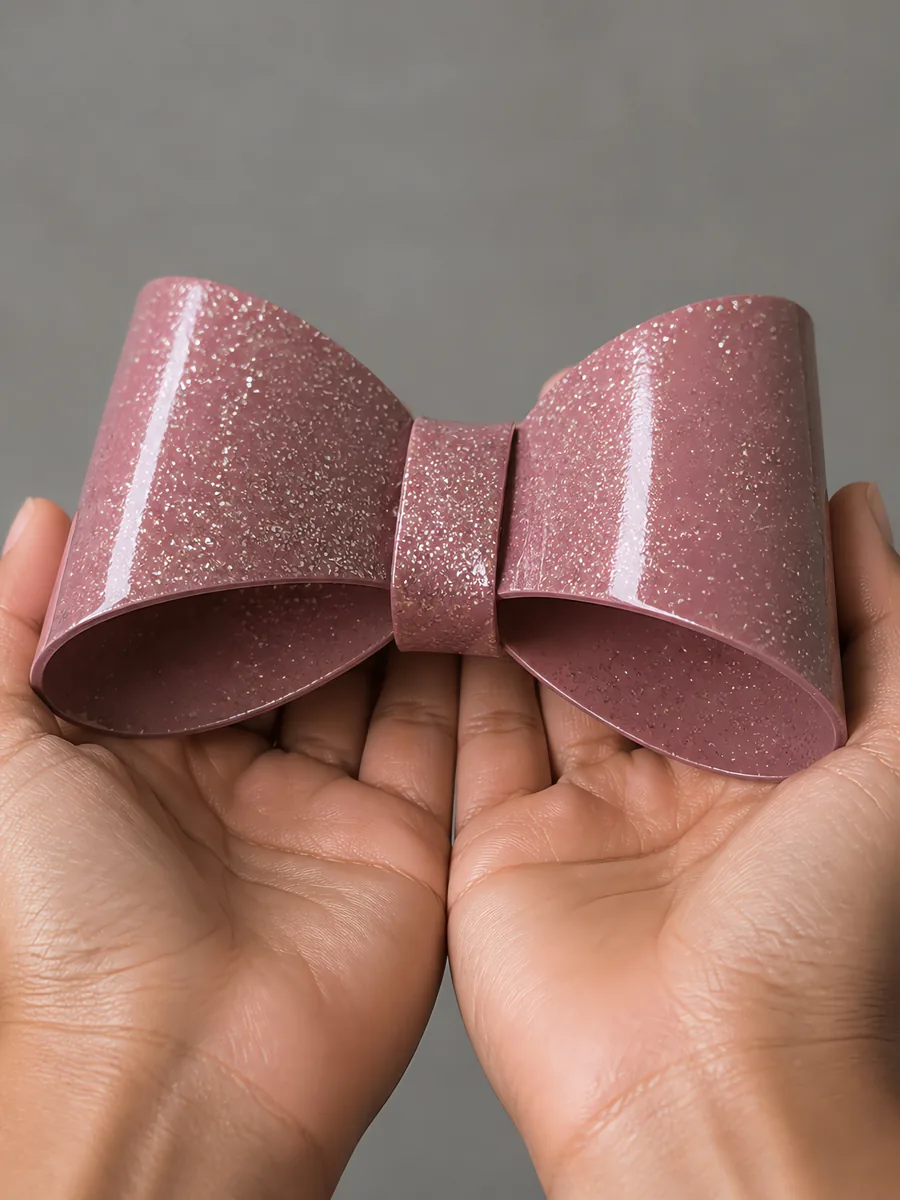 Manos sosteniendo un moño de papel rosa champagne con glitter
