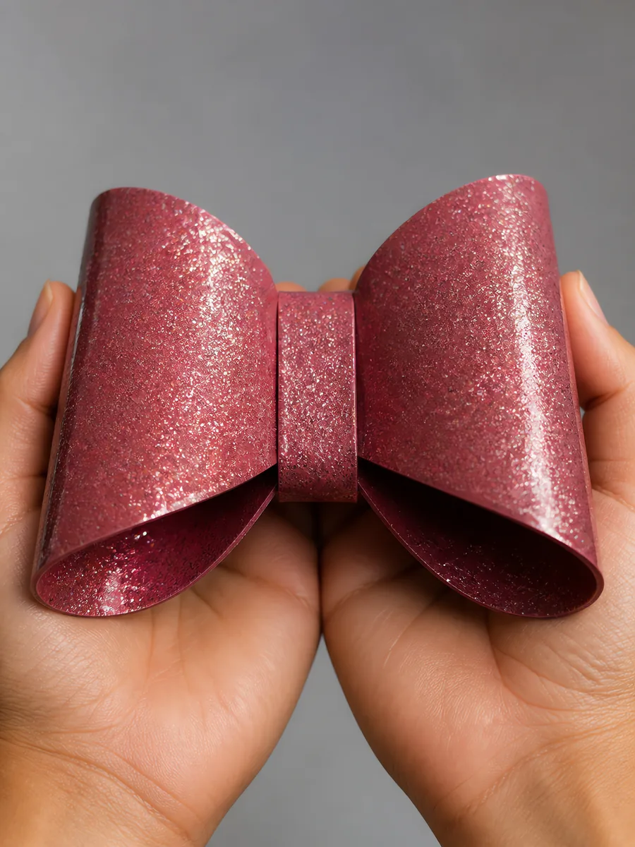 Manos sosteniendo un moño de papel rosa chicle con glitter
