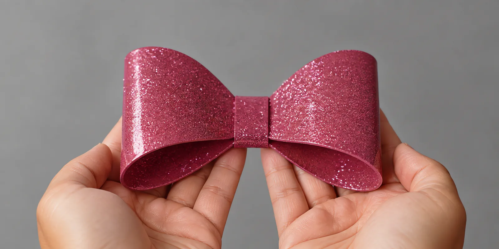 Manos sosteniendo un moño de papel rosa chicle con glitter