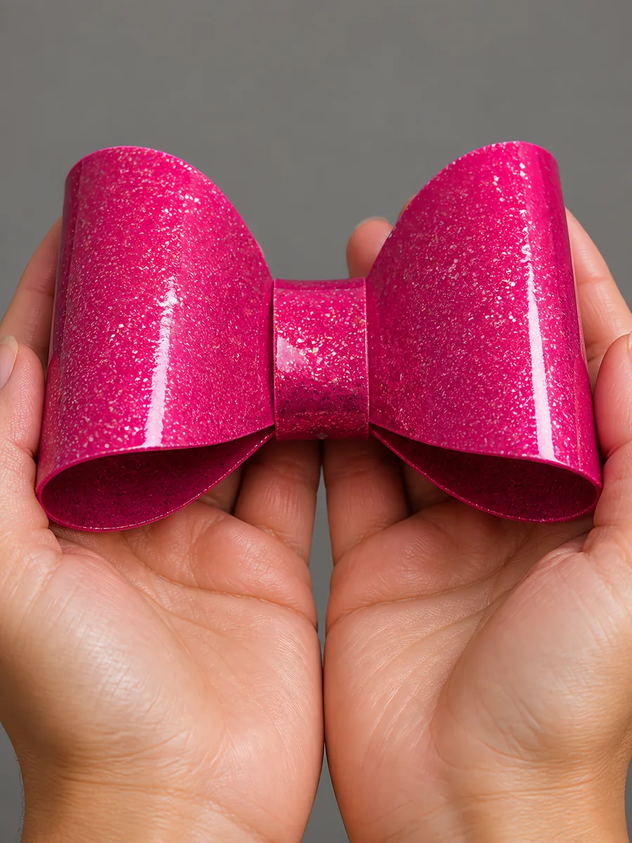 Manos sosteniendo un moño de papel rosa neon con glitter