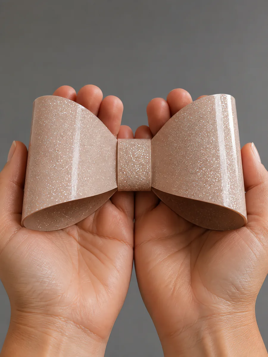 Manos sosteniendo un moño de papel rosa oro con glitter