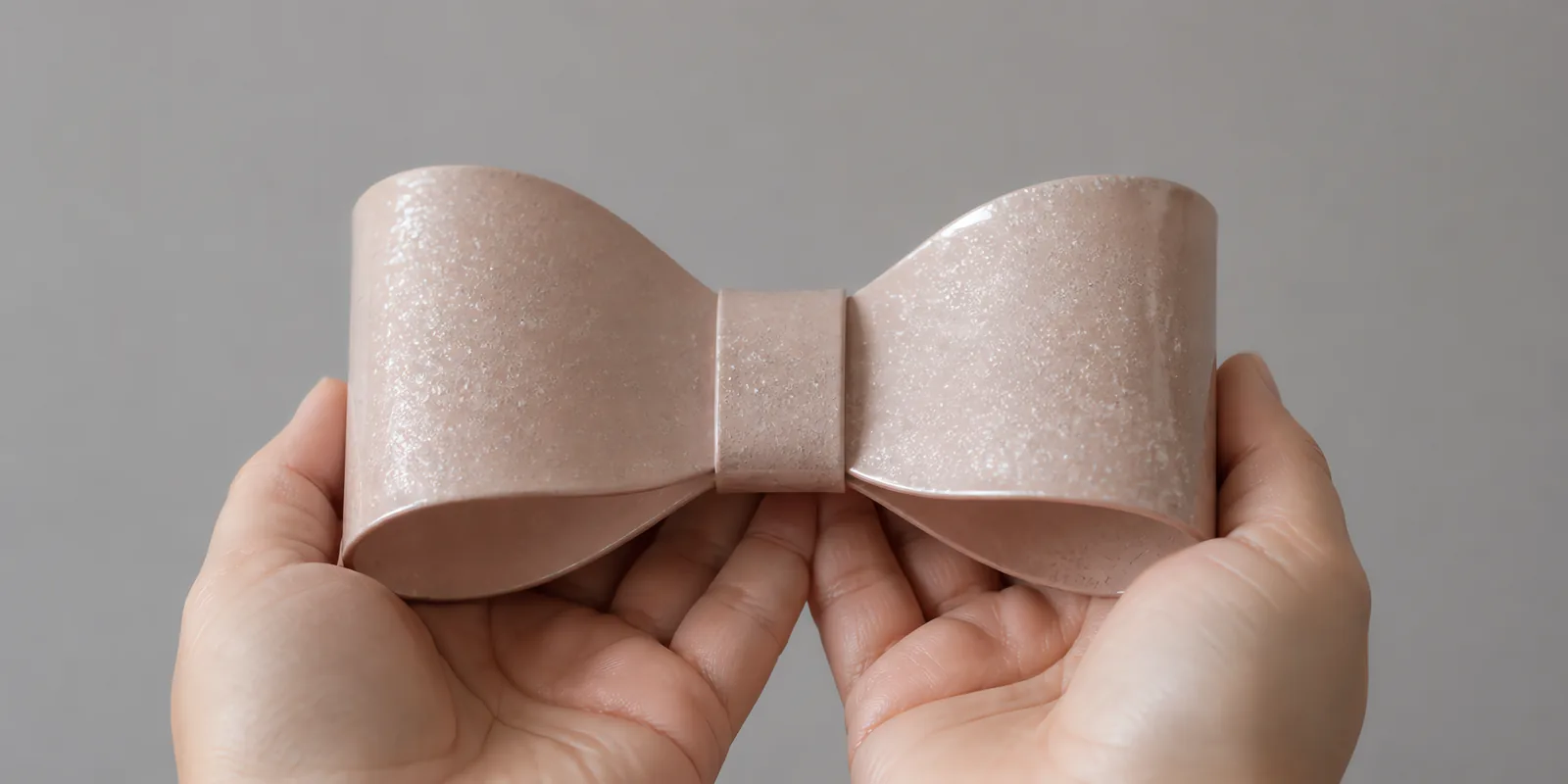 Manos sosteniendo un moño de papel rosa oro con glitter