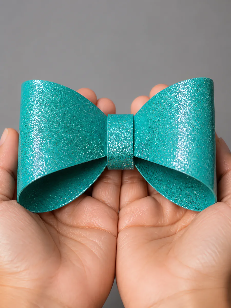 Manos sosteniendo un moño de papel turquesa con glitter