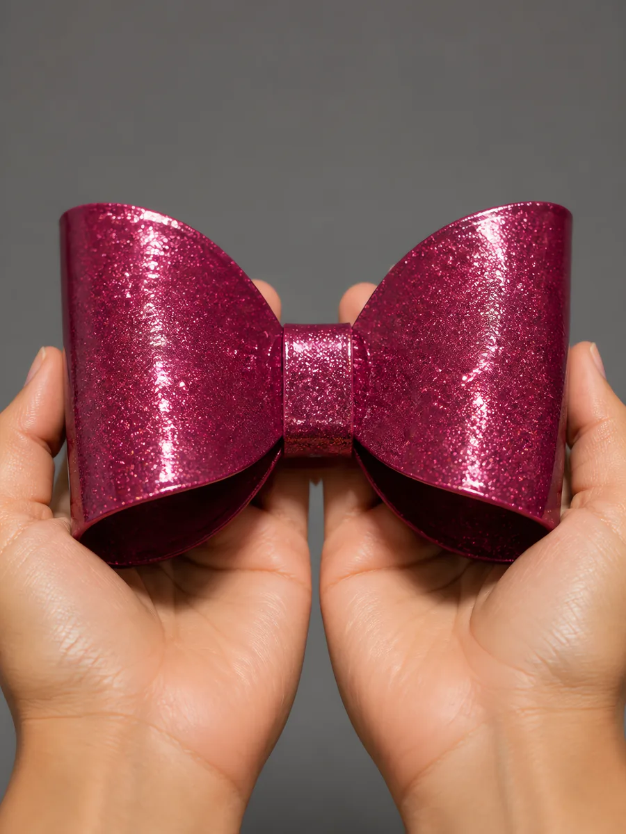 Manos sosteniendo un moño de papel uva con glitter