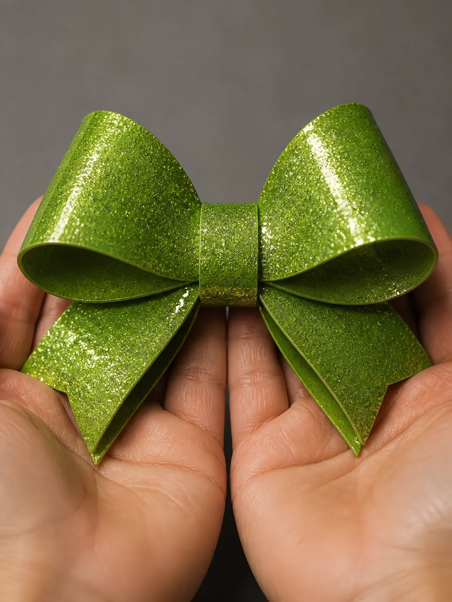 Manos sosteniendo un moño de papel verde oliva con glitter