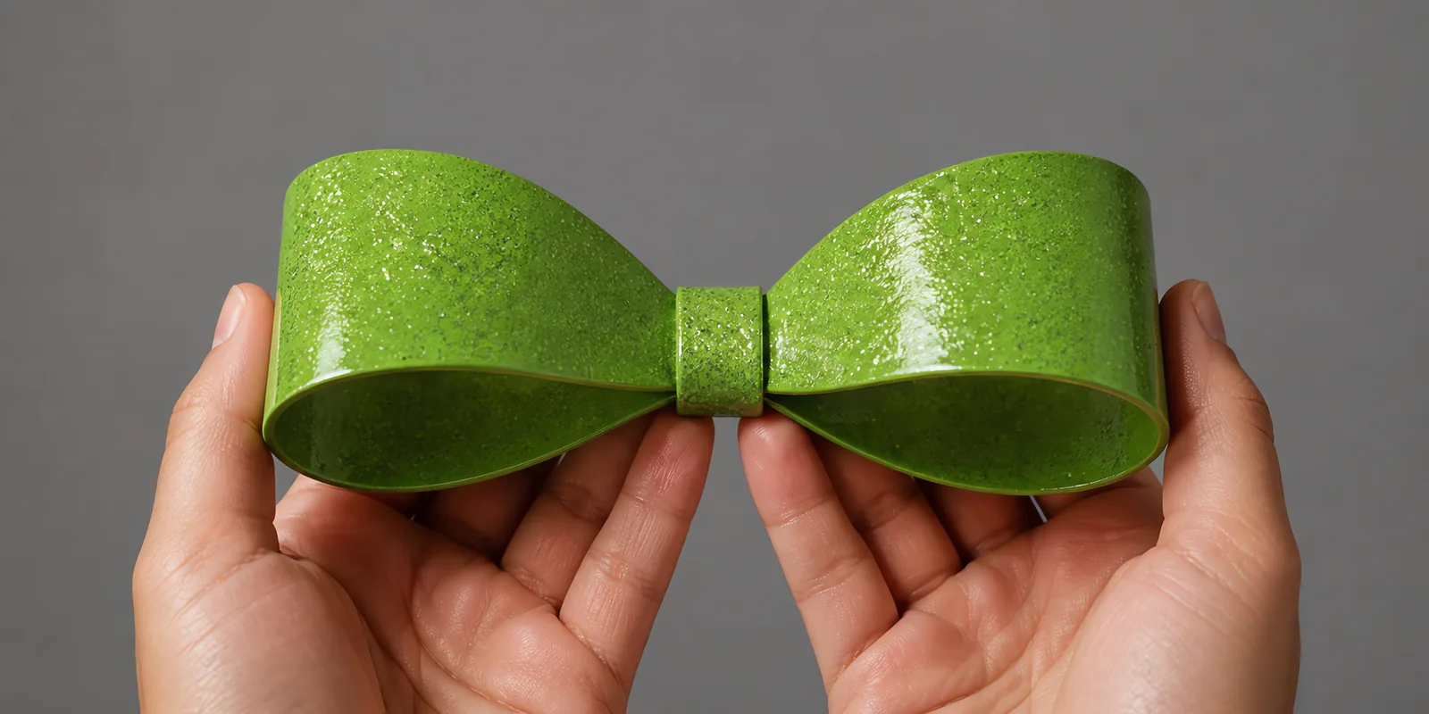 Manos sosteniendo un moño de papel verde oliva con glitter