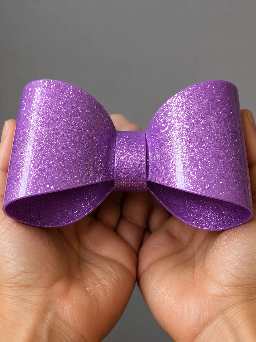 Manos sosteniendo un moño de papel violeta con glitter