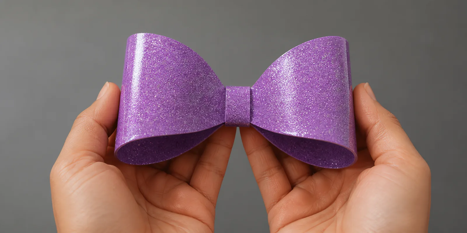 Manos sosteniendo un moño de papel violeta con glitter