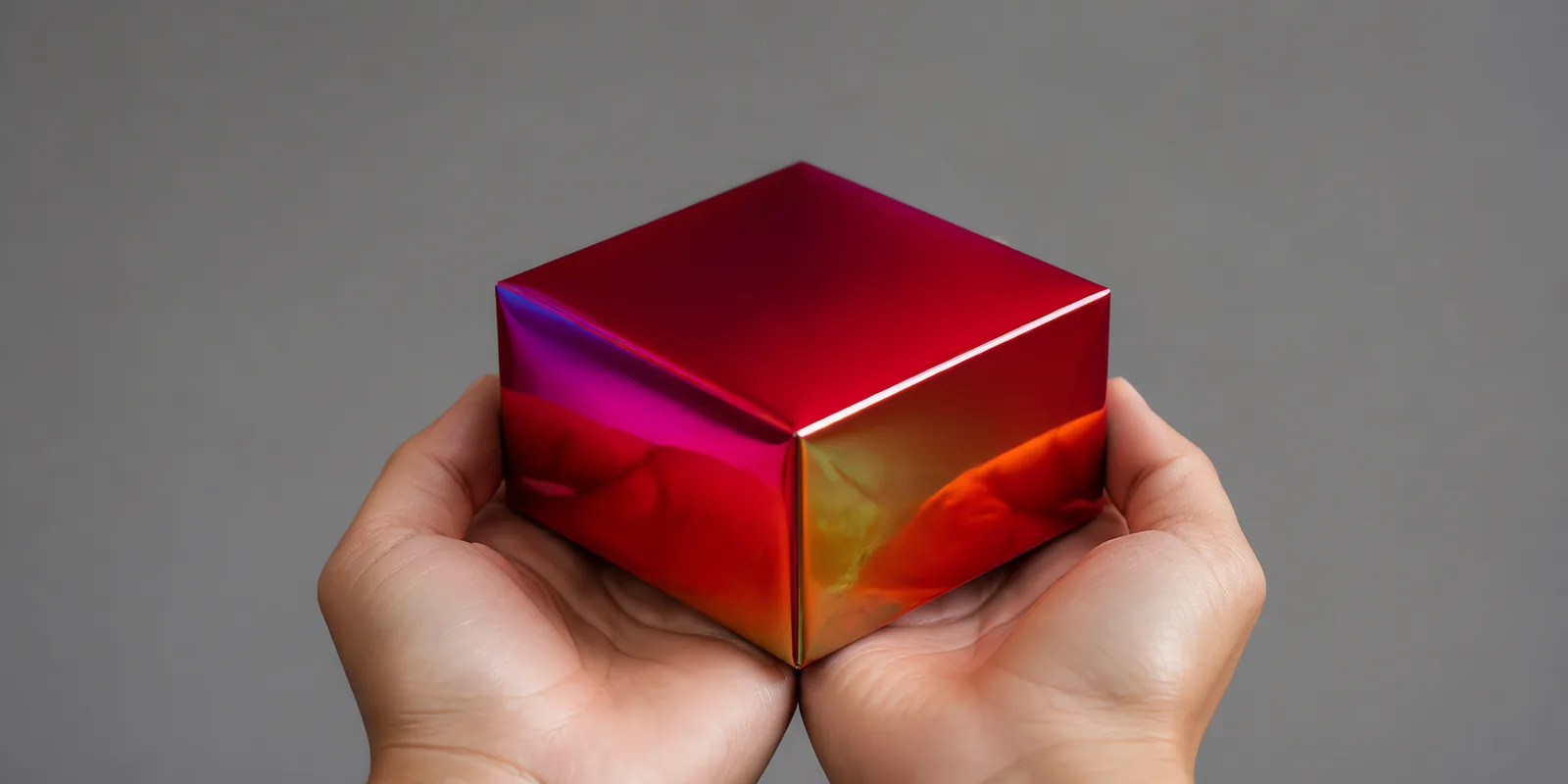Manos sosteniendo una cajita armada con una hoja de Metalina en el acabado rojo navidad