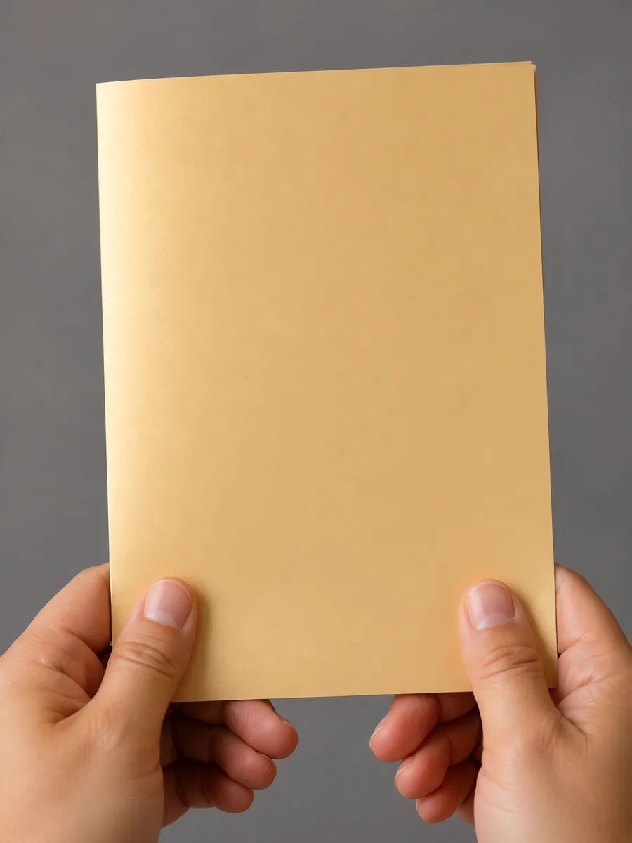 Manos sosteniendo una tarjeta doblada en papel perlado dorado