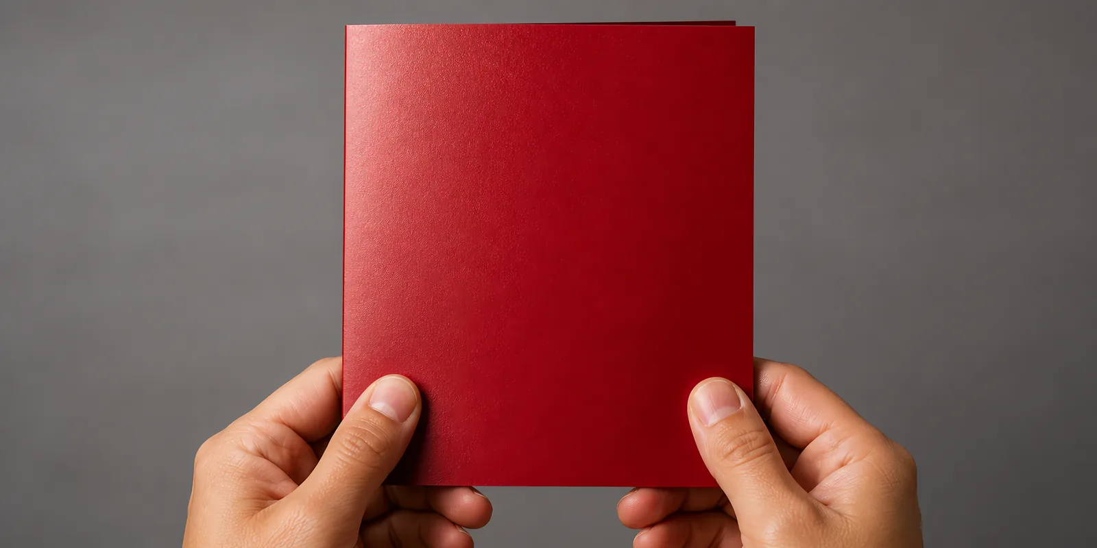 Manos sosteniendo una tarjeta doblada en papel perlado rojo