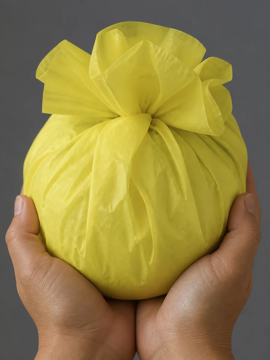 Manos sosteniendo desde abajo un envoltorio de papel seda amarillo fluor