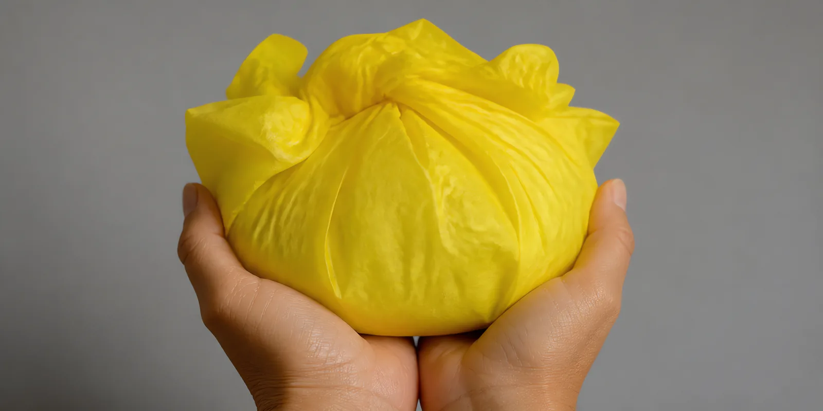 Manos sosteniendo desde abajo un envoltorio de papel seda amarillo fluor