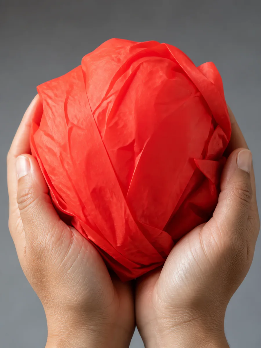 Manos sosteniendo desde abajo un envoltorio de papel seda coral fluor