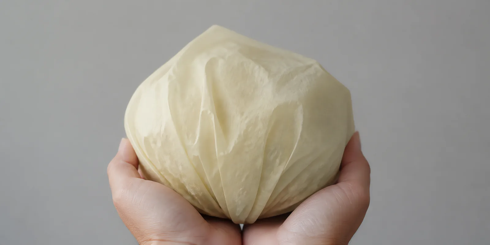 Manos sosteniendo desde abajo un envoltorio de papel seda crudo