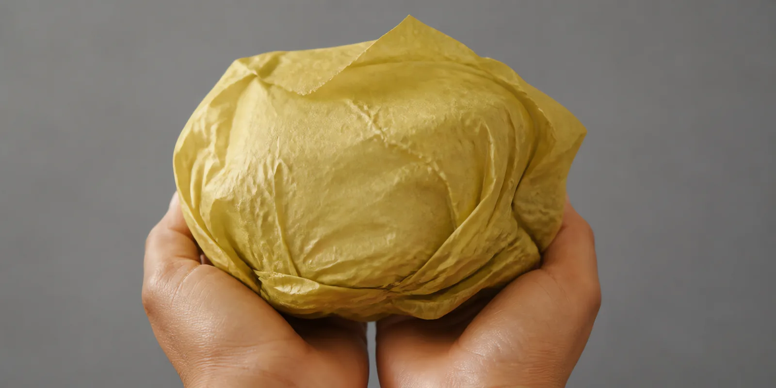 Manos sosteniendo desde abajo un envoltorio de papel seda dorado