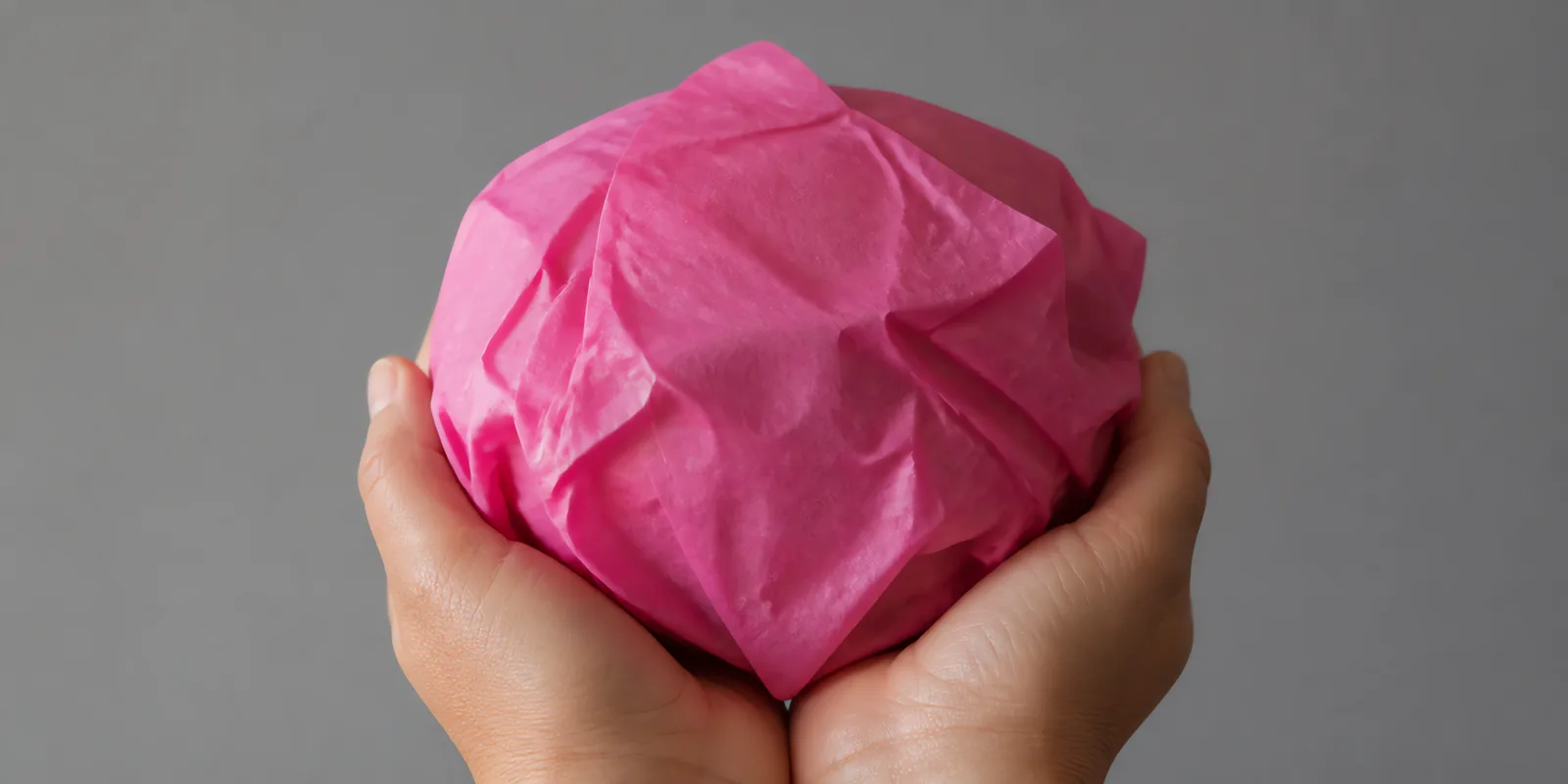 Manos sosteniendo desde abajo un envoltorio de papel seda magenta