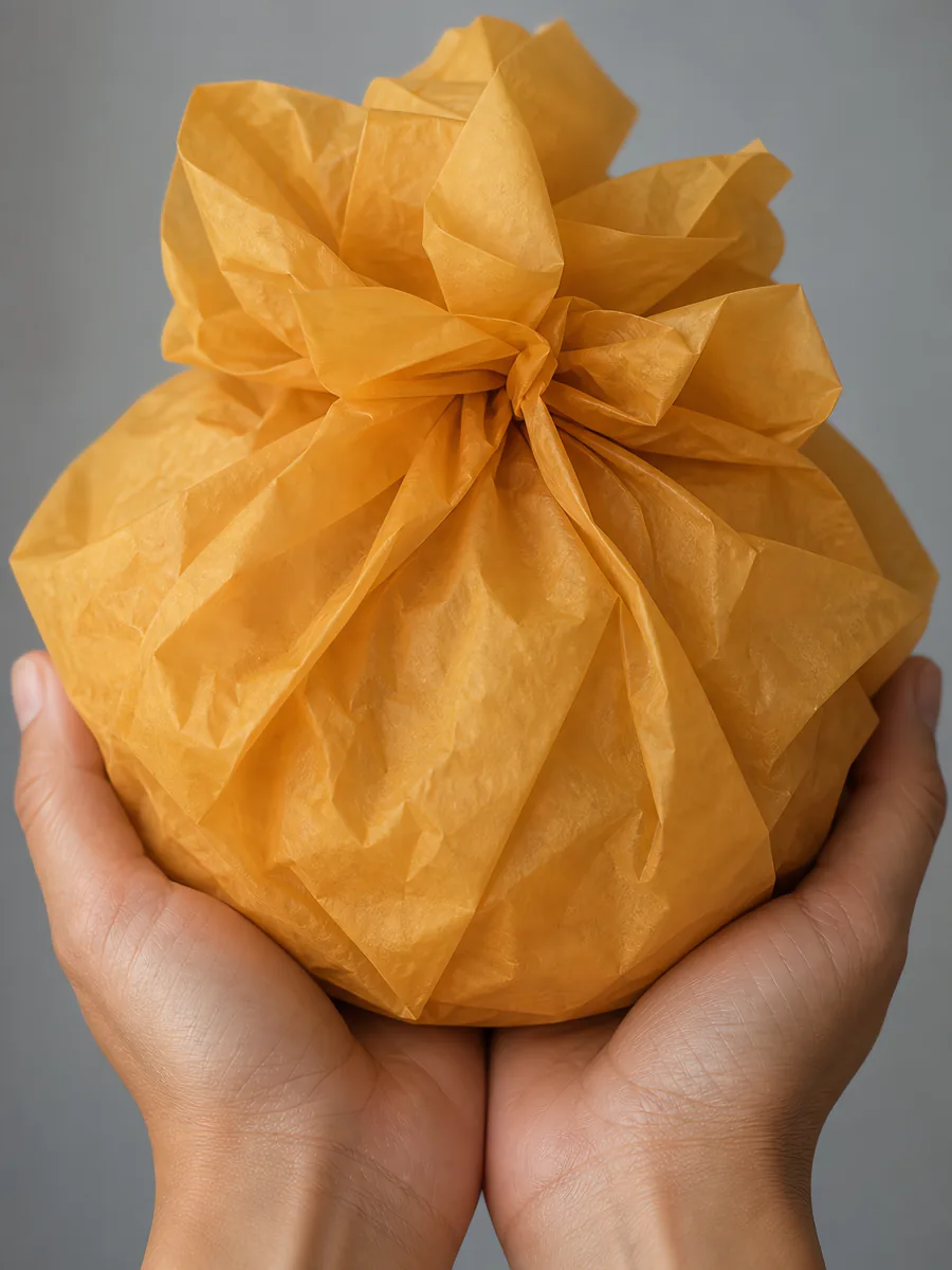 Manos sosteniendo desde abajo un envoltorio de papel seda naranja pastel