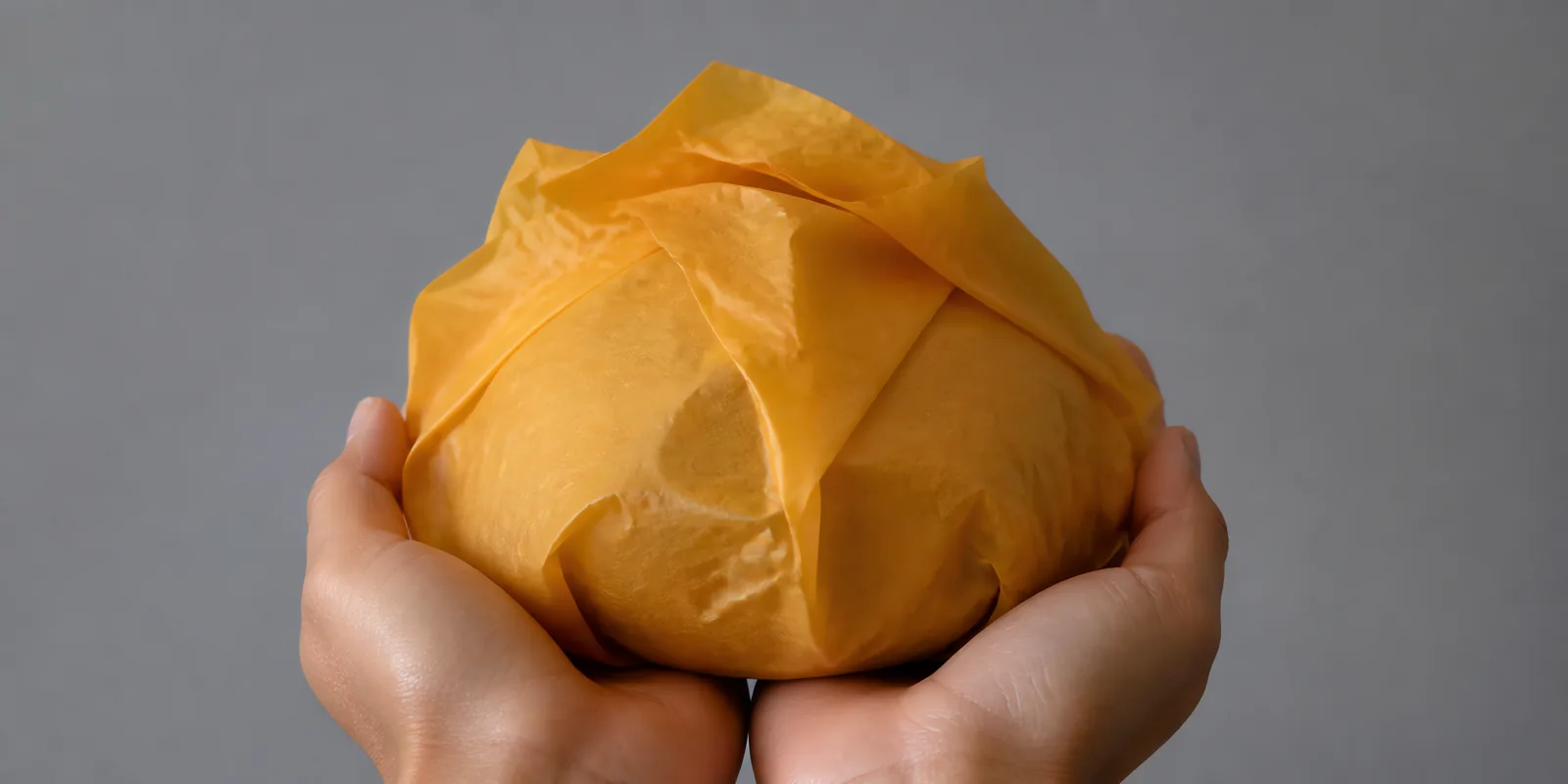 Manos sosteniendo desde abajo un envoltorio de papel seda naranja pastel