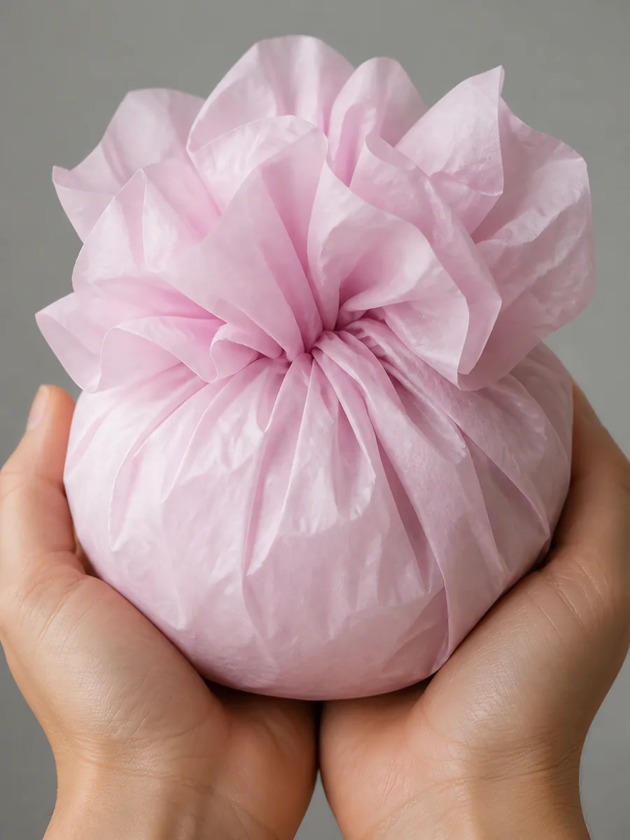 Manos sosteniendo desde abajo un envoltorio de papel seda rosa pastel