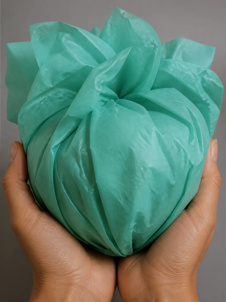 Manos sosteniendo desde abajo un envoltorio de papel seda verde agua