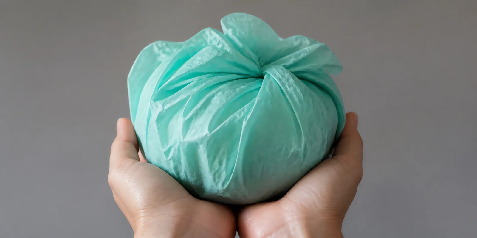 Manos sosteniendo desde abajo un envoltorio de papel seda verde agua