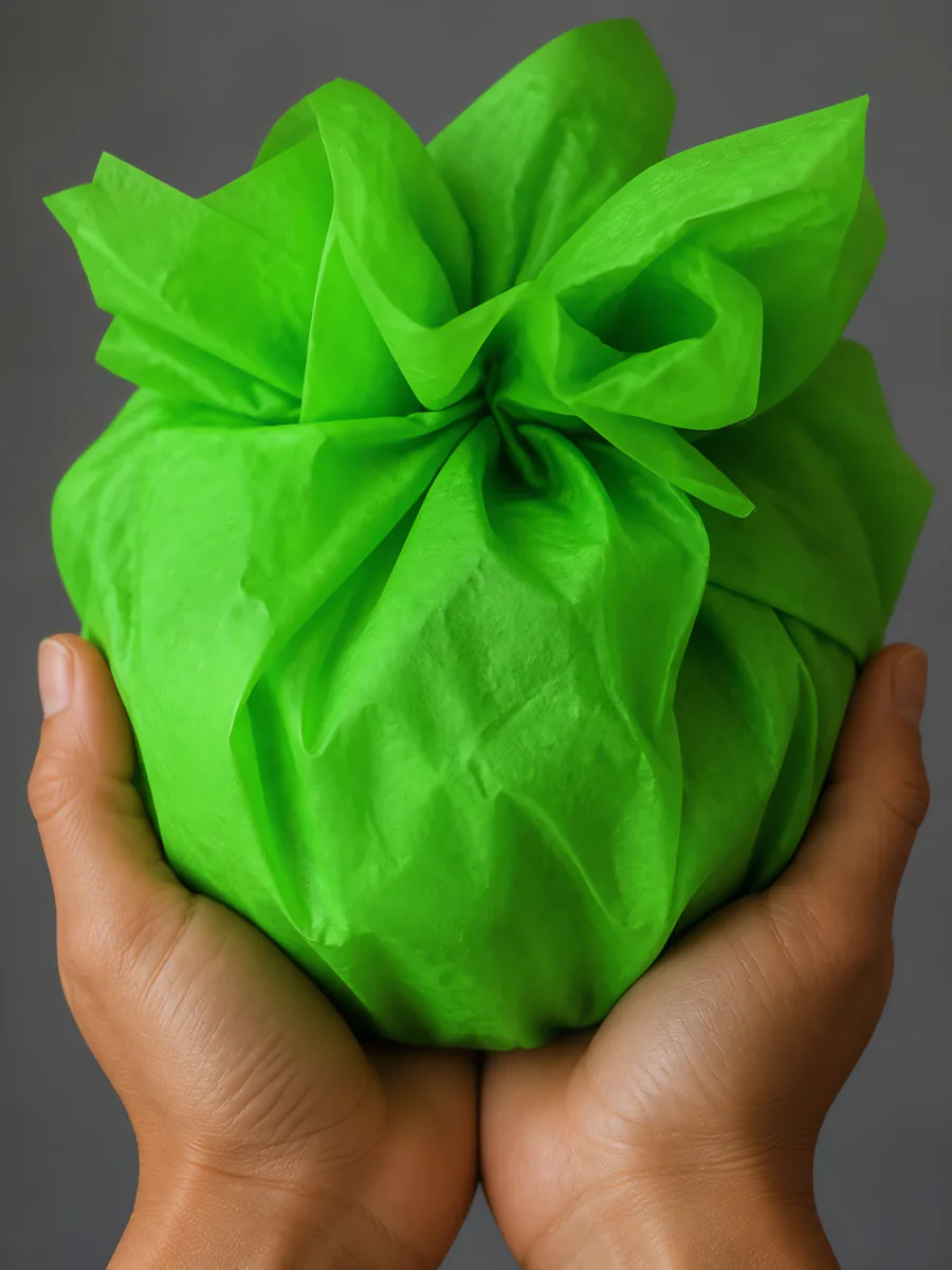 Manos sosteniendo desde abajo un envoltorio de papel seda verde fluor