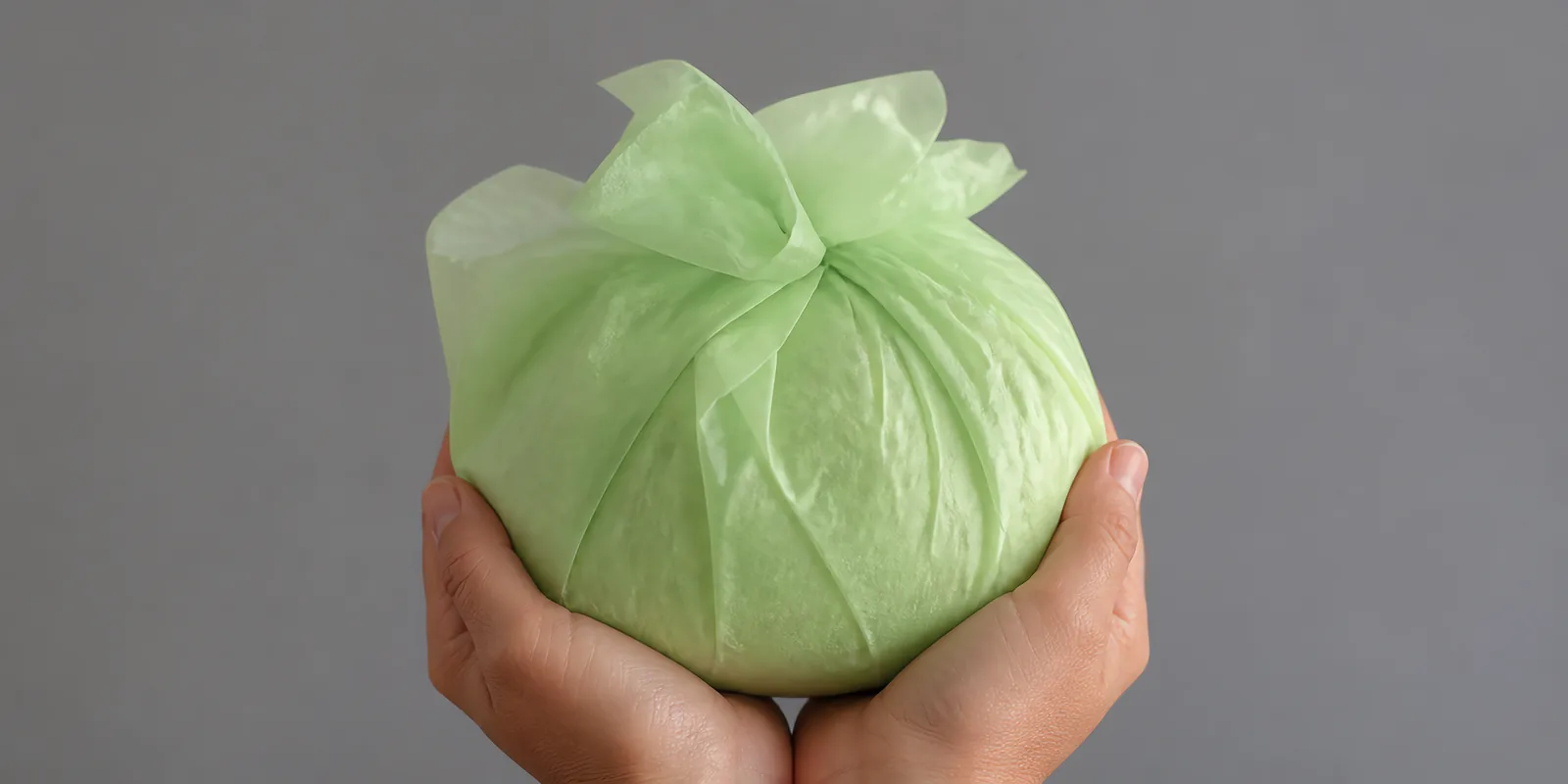 Manos sosteniendo desde abajo un envoltorio de papel seda verde perlado