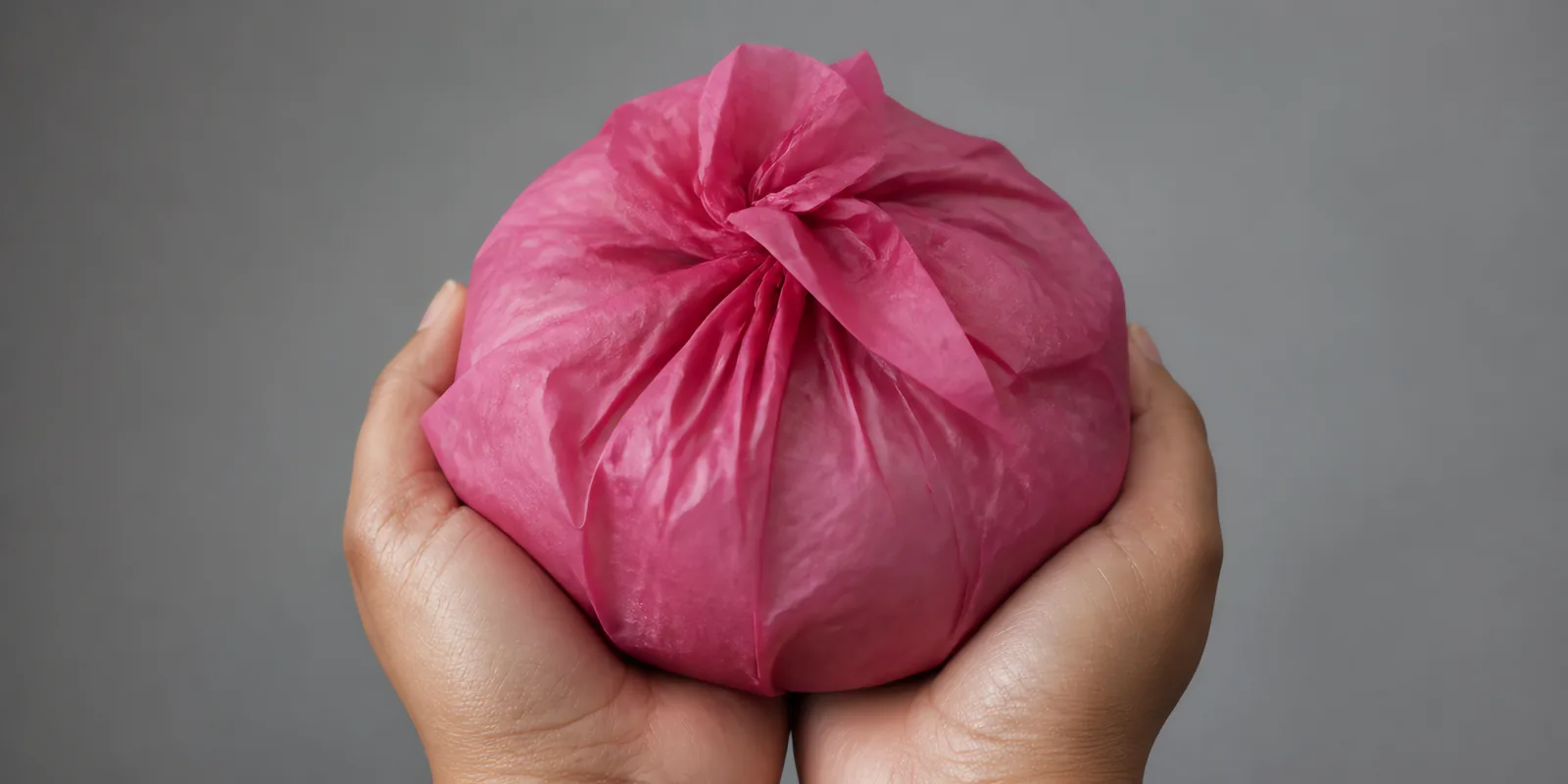 Manos sosteniendo desde abajo un envoltorio de papel seda violeta rosáceo