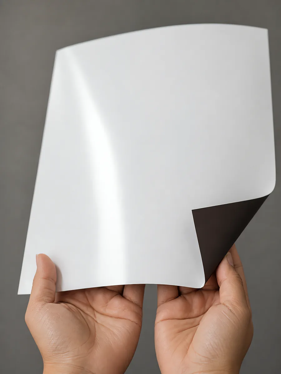 Manos sosteniendo una hoja de papel magnético con la esquina levantada