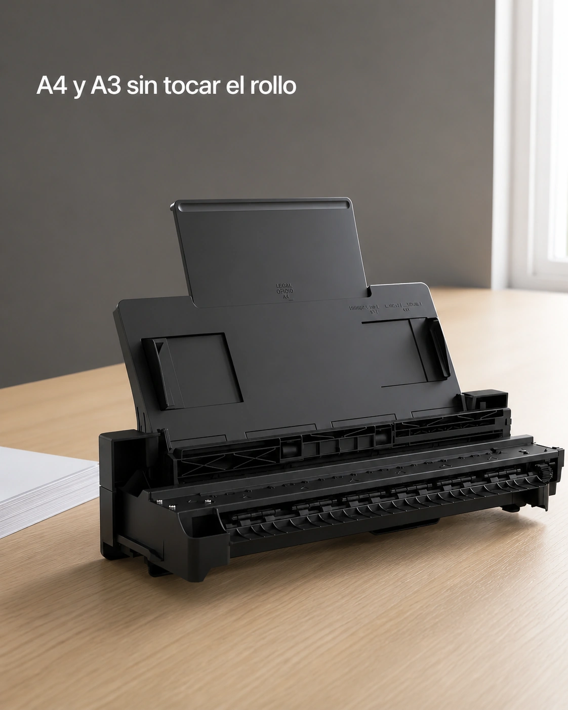 Accesorio Alimentador automático de hojas HP sobre un escritorio de roble claro, encuadre vertical.