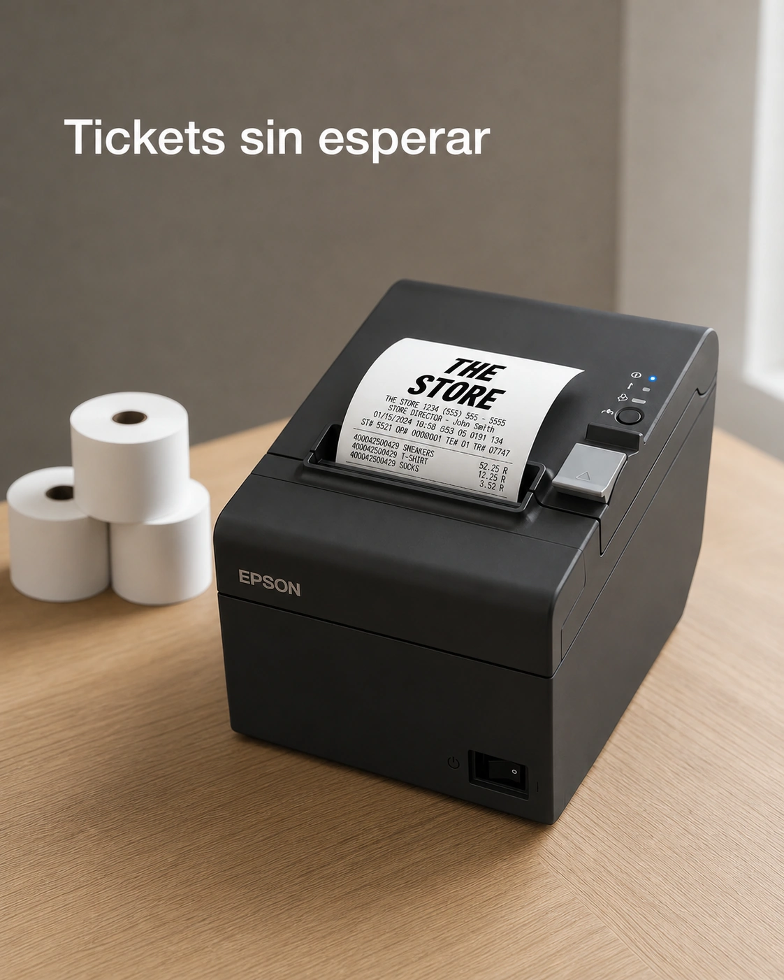 Impresora de tickets Epson TM-T20IIIL sobre un escritorio de roble claro, encuadre vertical.