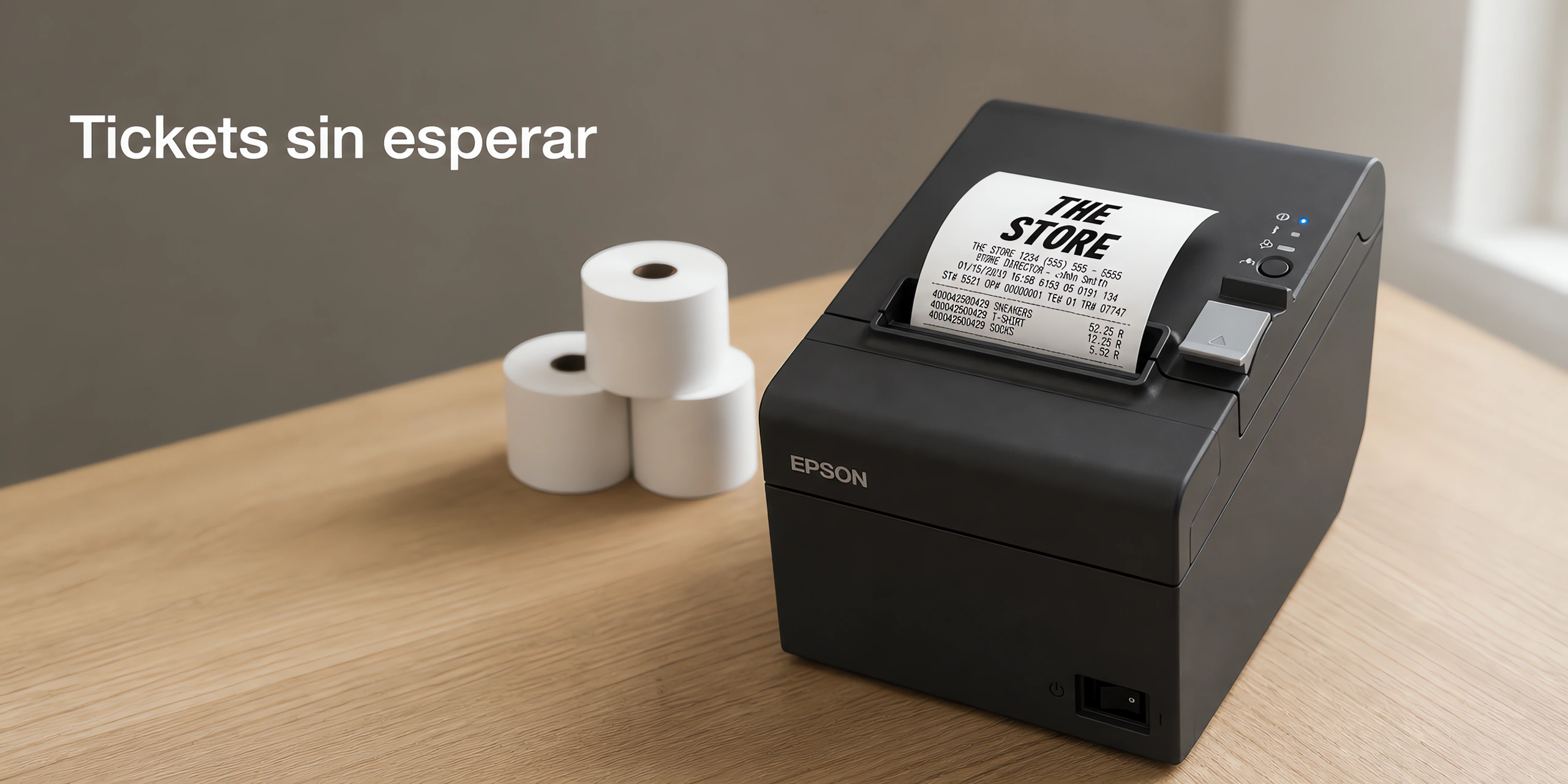 Impresora de tickets Epson TM-T20IIIL sobre un escritorio de roble claro en una oficina luminosa.