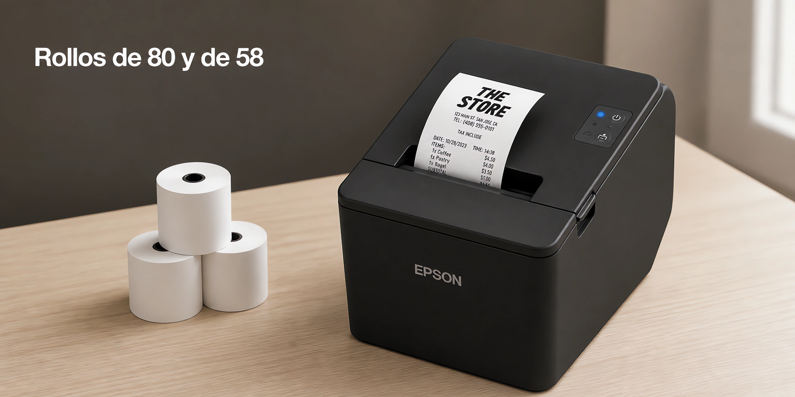 Impresora de tickets Epson TM-T20IV sobre un escritorio de roble claro en una oficina luminosa.