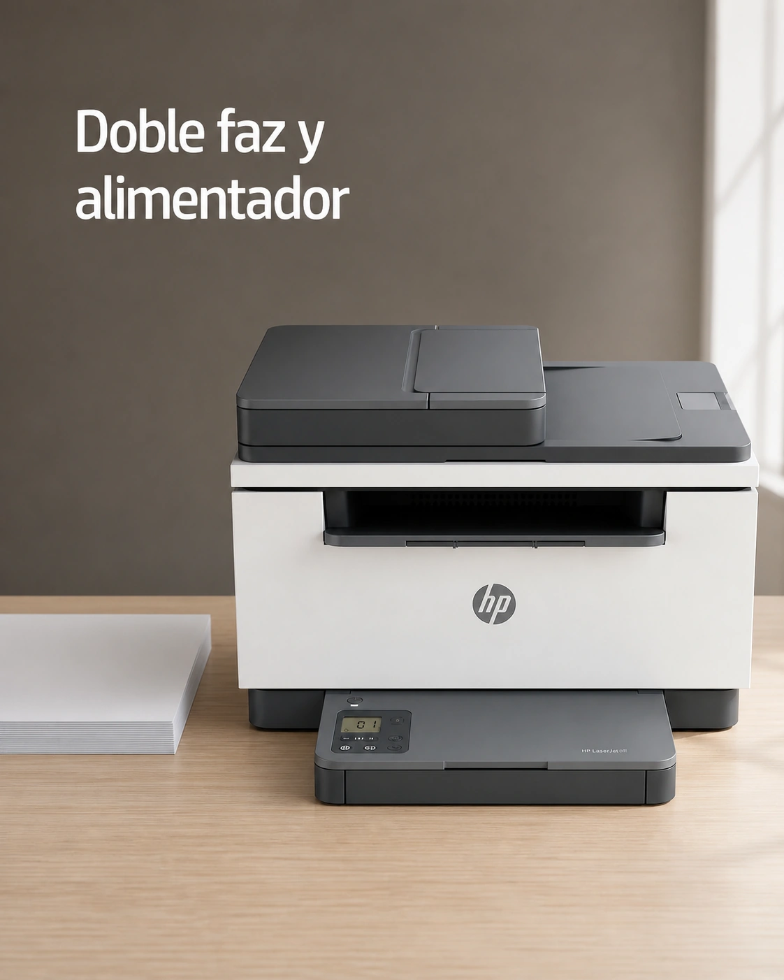 Impresora HP LaserJet MFP M236sdw sobre un escritorio de roble claro, encuadre vertical.