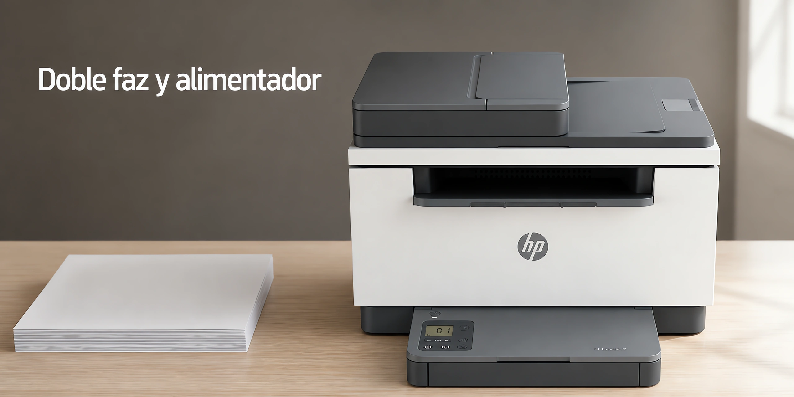 Impresora HP LaserJet MFP M236sdw sobre un escritorio de roble claro en una oficina luminosa.