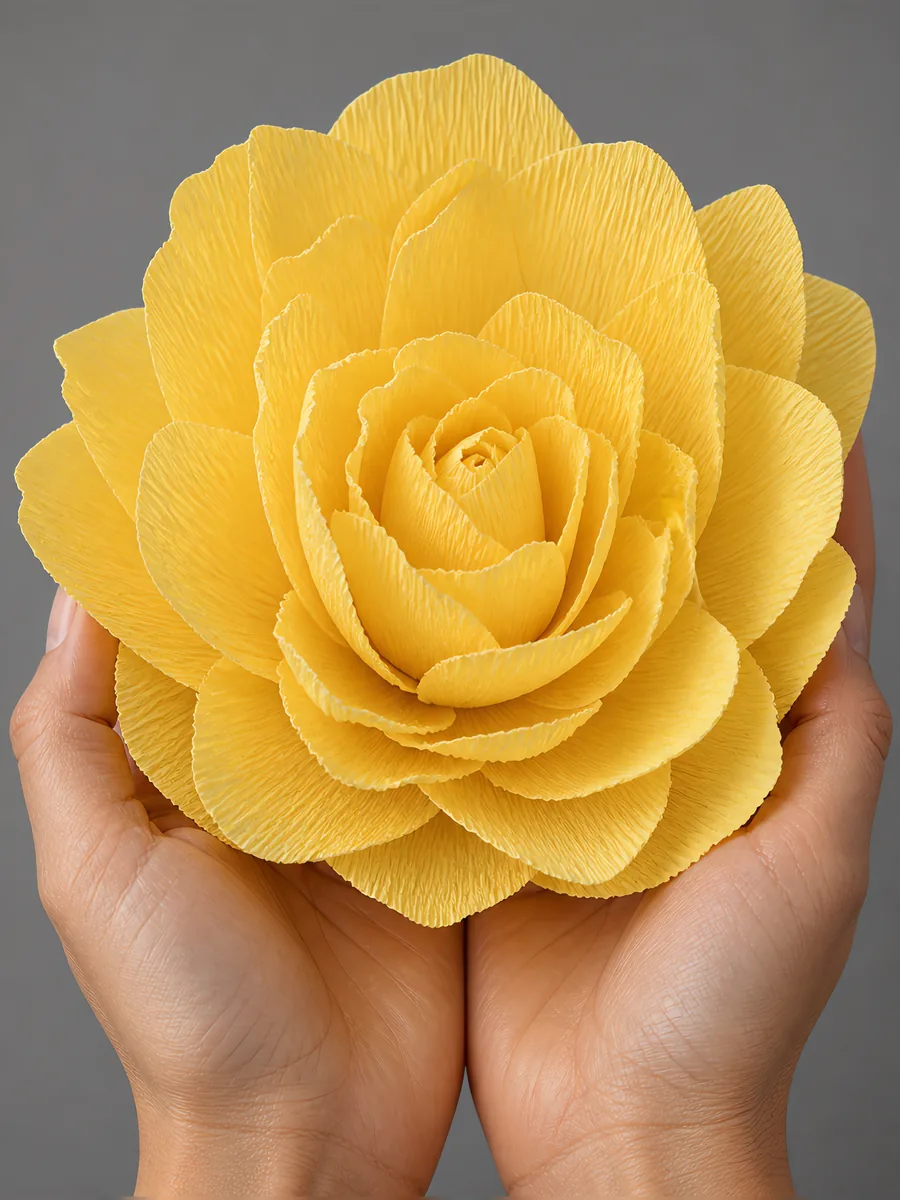 Manos sosteniendo una flor grande de papel crepé amarillo girasol