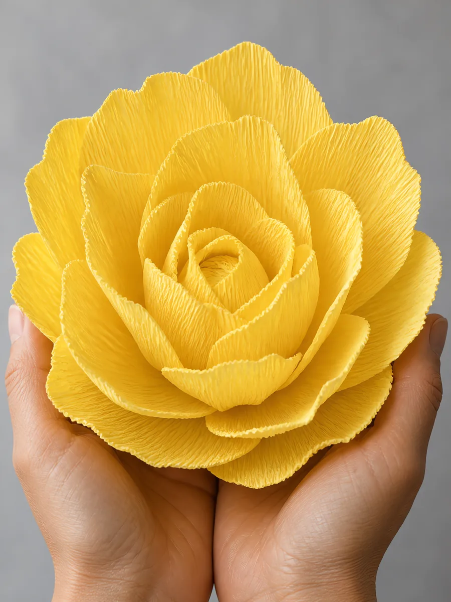 Manos sosteniendo una flor grande de papel crepé amarillo ocre