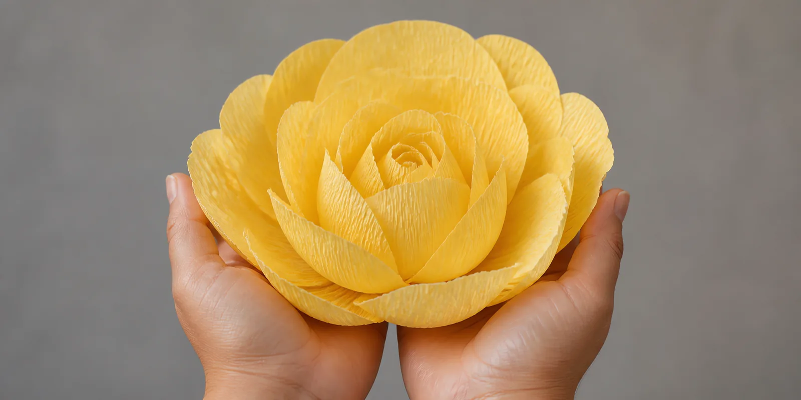 Manos sosteniendo una flor grande de papel crepé amarillo ocre