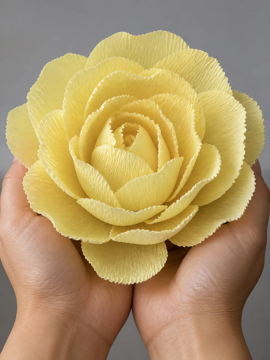 Manos sosteniendo una flor grande de papel crepé amarillo pastel