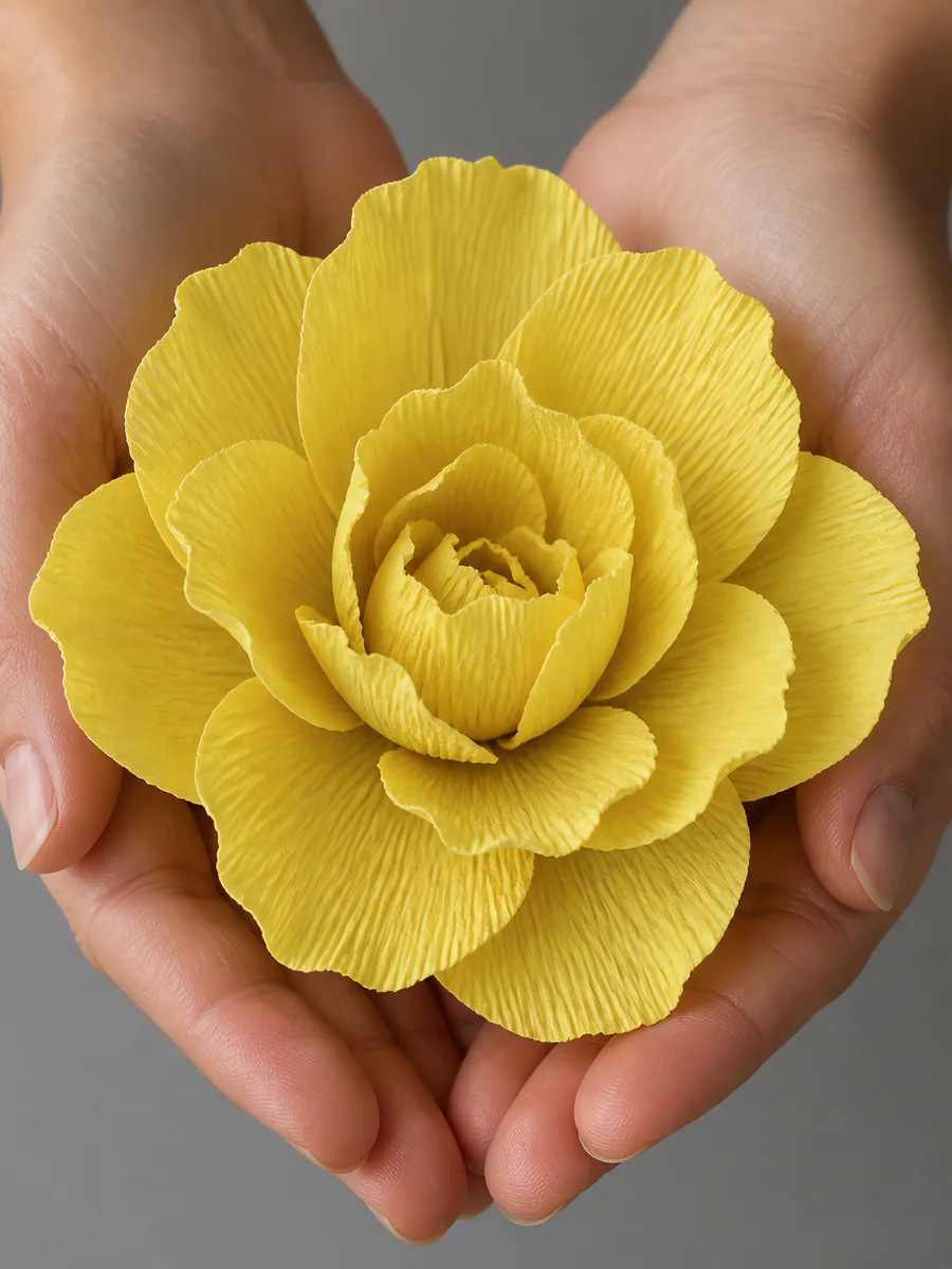 Manos sosteniendo una flor grande de papel crepé amarillo patito